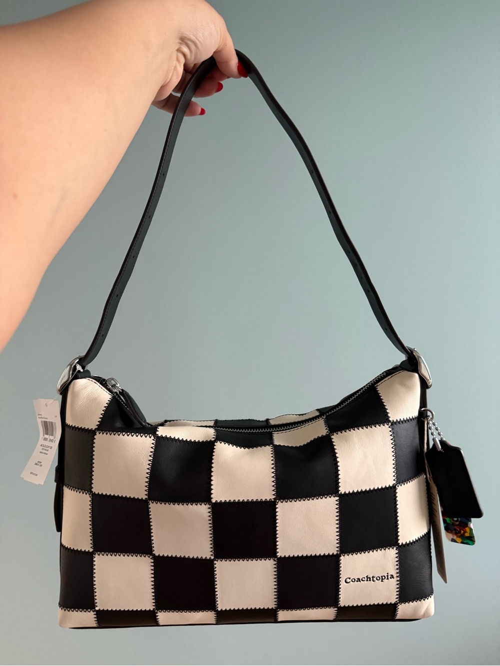 NWT Coachtopia Alter/Ego Slouchy Shoulder Bag black and white checkered - Picture 2 of 9